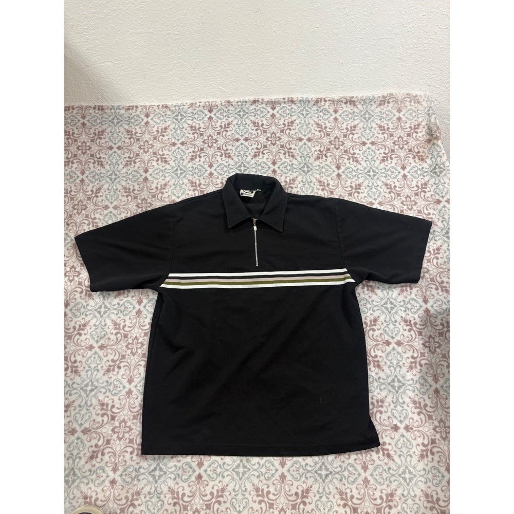 Vintage Breakdown Mens Large Quarter Zip Polo Shirt Black Striped Short Sleeve